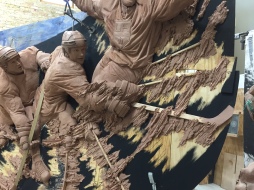 Clay sculpture in progress by artist Julie Rotblatt-Amrany featuring LA Kings players for 50th Anniversary Monument at Staples Center